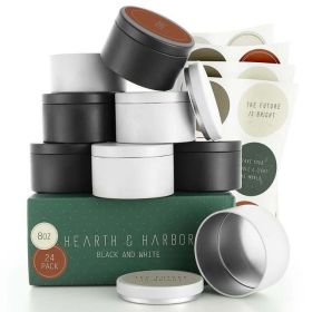 Hearth & Harbor 8 Oz, 24 Pack Black and White DIY Candle Containers with Lids - Tin Candle Jars for Making Candles - Metal Candle Jars - Bulk Tins Sto